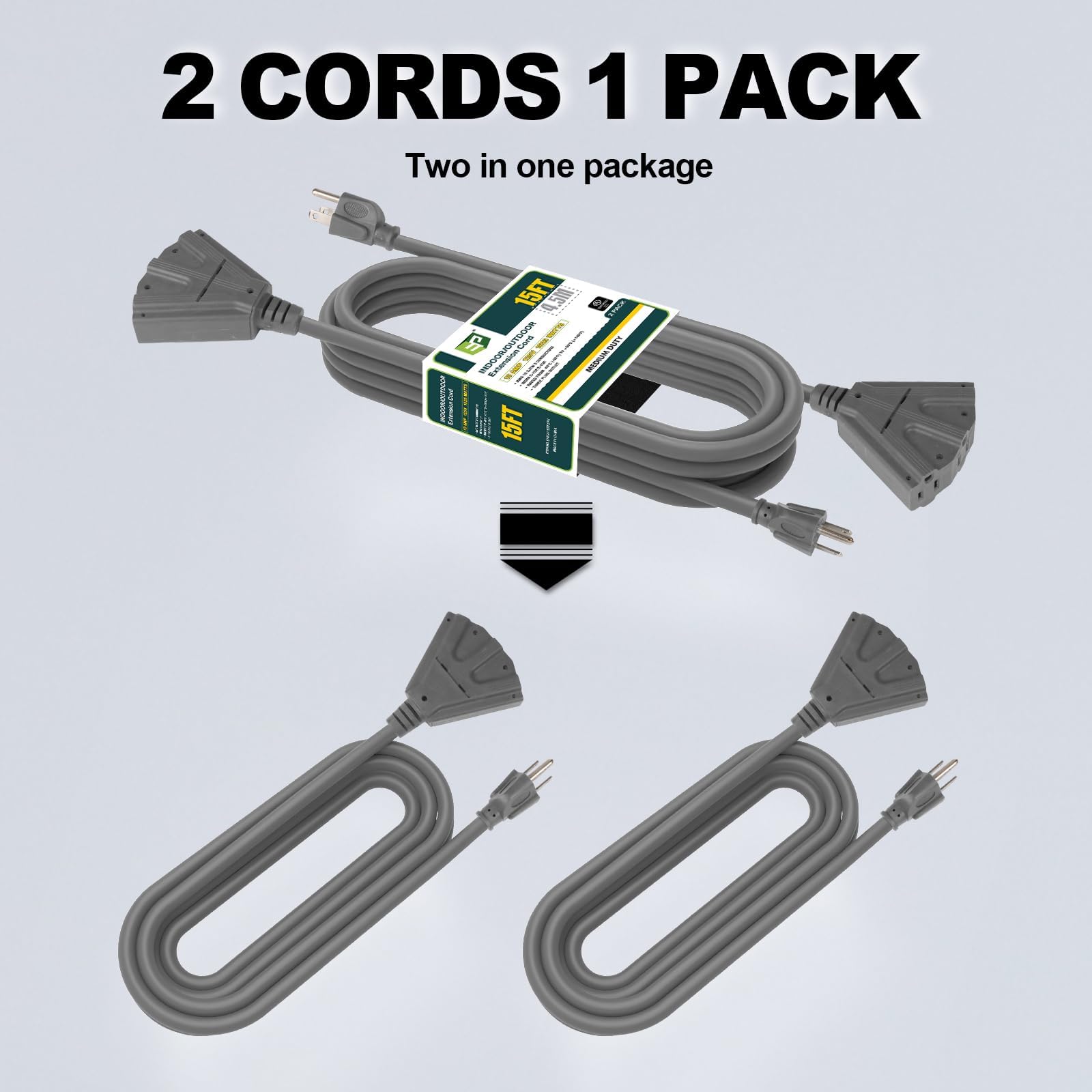 Ep 2 Pack 15 Ft Outdoor Extension Cord With 3 Electrical Power Outlets   16/3 Sjtw Grey Cable With 3 Prong Grounded Plug For Saf