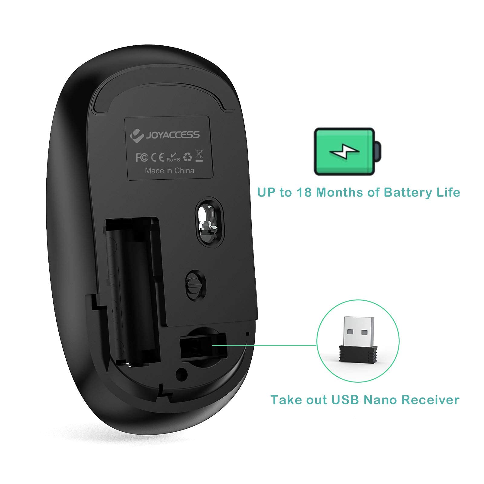 Joyaccess Wireless Mouse, 2.4G Portable Slim Silent Computer Mouse Wireless With Usb Nano Receiver, 2400 Dpi, For Notebook, Lapt