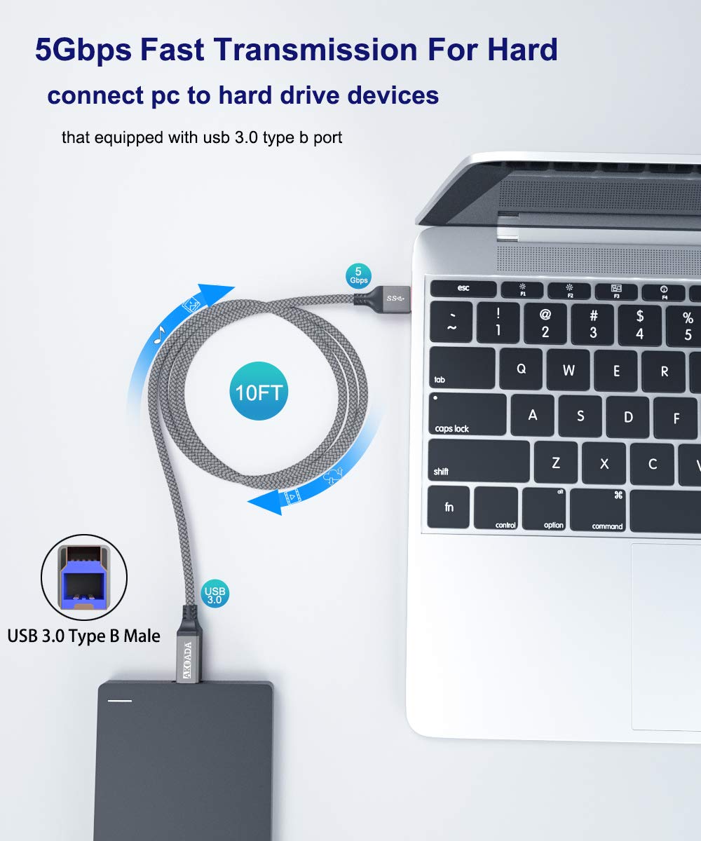 Akoada Usb A To Usb B 3.0 Cable (10Ft), Durable Nylon Braided Type A To B Male Cable Compatible With Printers, Monitor, Docking Station, External Hard Drivers, Scanner, Hub And More Devices(Grey)