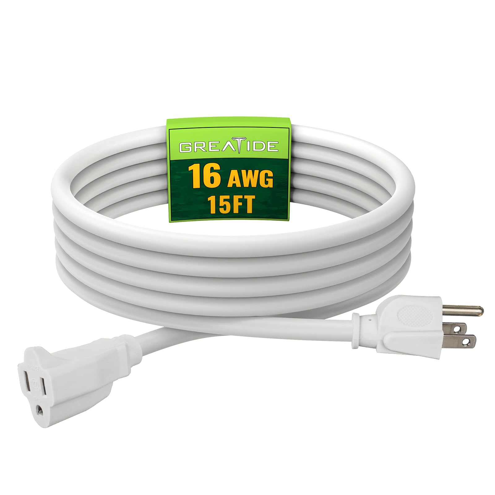 Greatide Indoor Outdoor Extension Cord 15 Ft, 16/3 Sjtw Weatherproof White Electrical Cords, 13 Amp Heavy Duty 3 Prong Power Cab