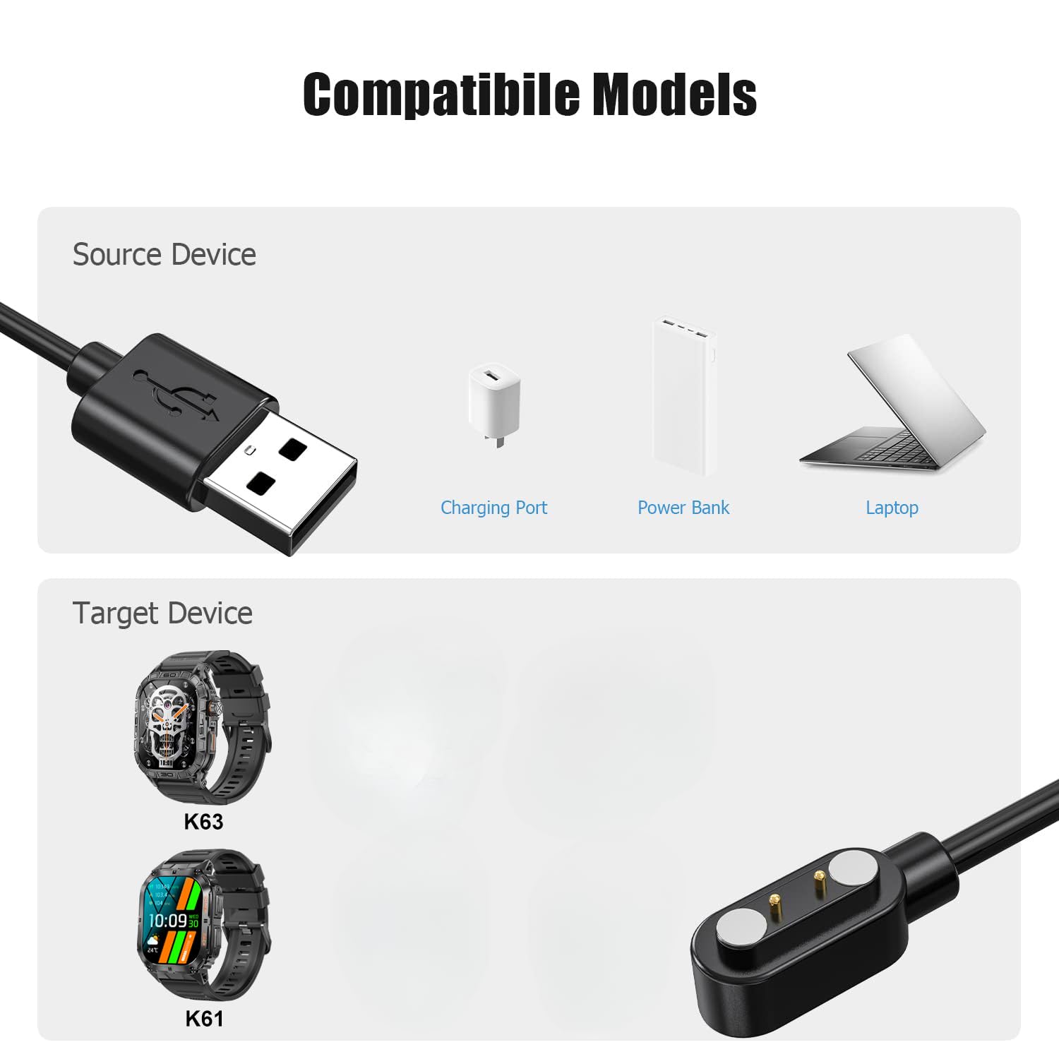 Podoeil Smart Watch Charging Cable With 7.4Mm Center Distance, Rated Voltage Of 5V, And Rated Current Of 1A, Designed For Use Wi