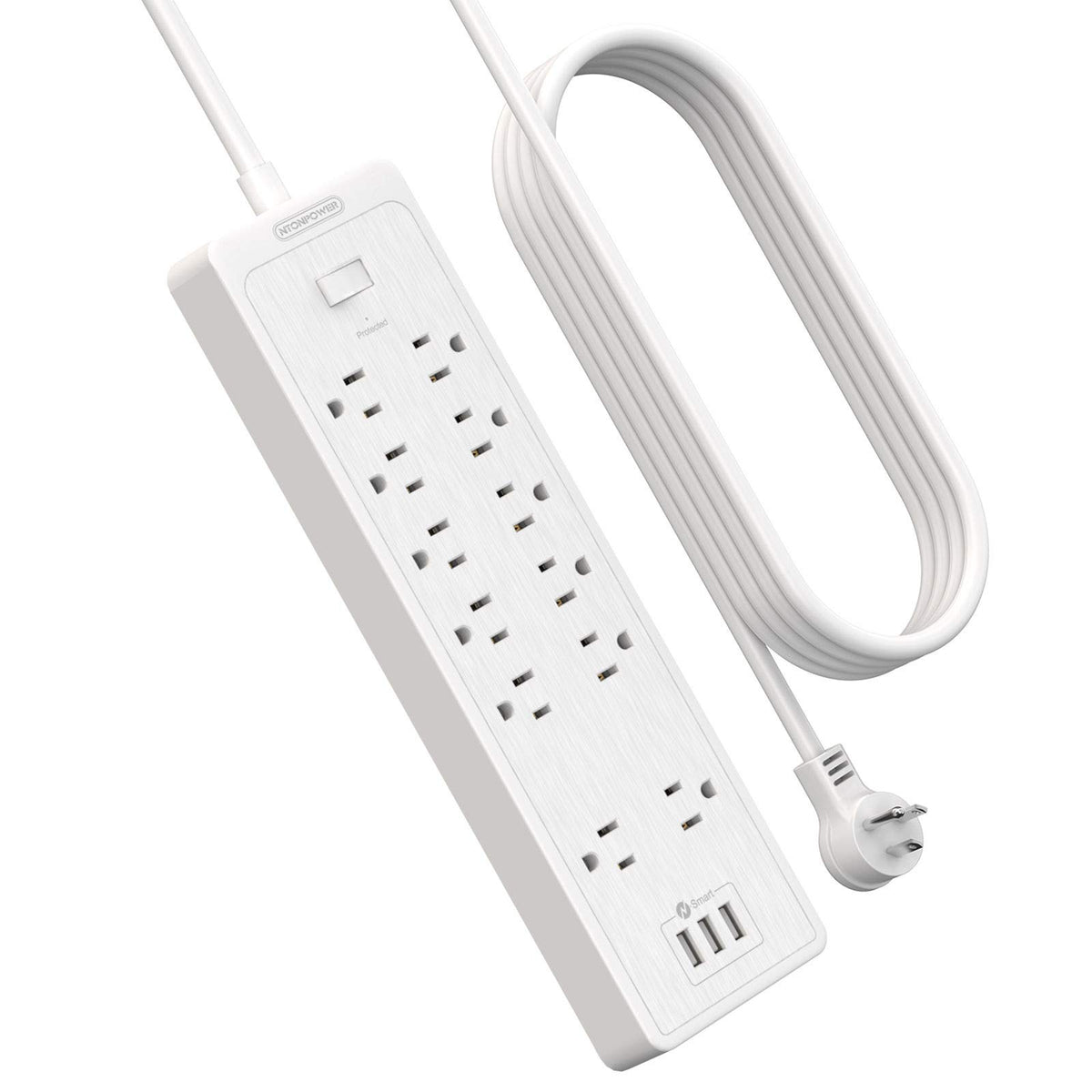 15 Ft Extension Cord Flat Plug Power Strip, Ntonpower 2100 Joules Surge Protector With 12 Outlet 3 Usb Port, 1875W/15A, Overload
