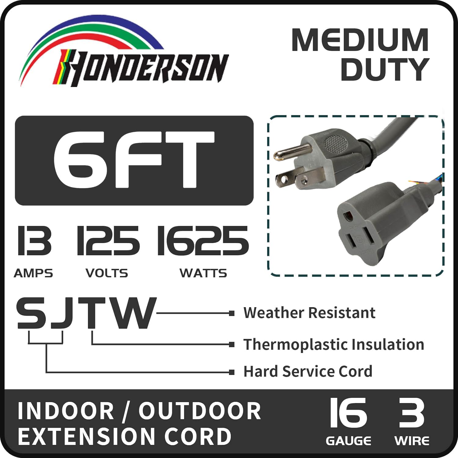 Honderson Indoor Outdoor Extension Cord Weatherproof, Ul Listed, 16 Gauge 6Ft Grey 3 Prong Heavy Duty, 16/3 Sjtw 13A Power Cord