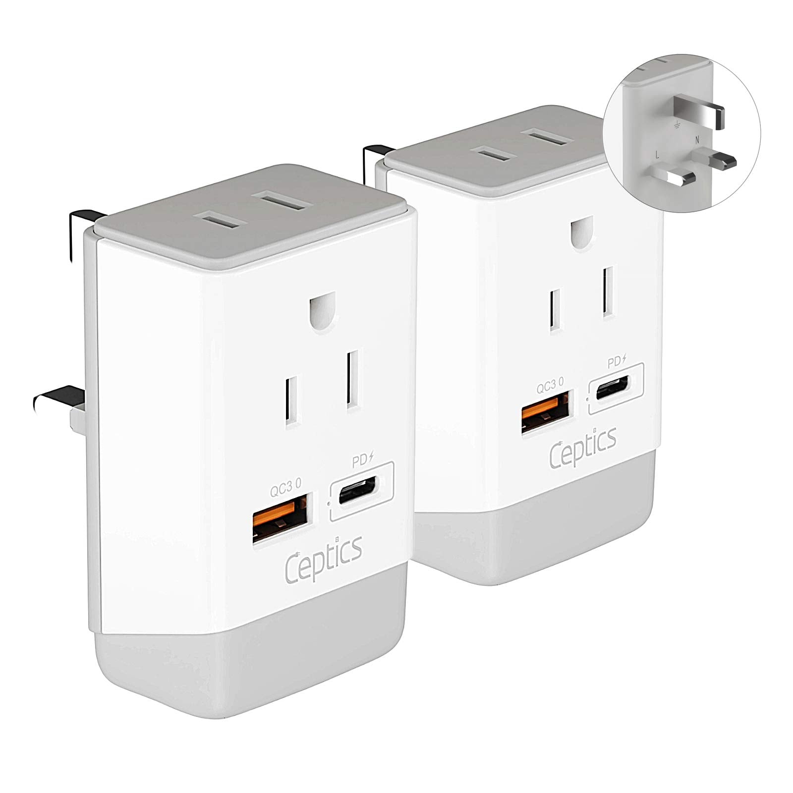 Ceptics UK Ireland Power Plug Adapter 2 Pack Set, QC 3.0 & PD, Safe Dual USB & USB-C - 2 USA Socket Compact & Powerful - Use in 