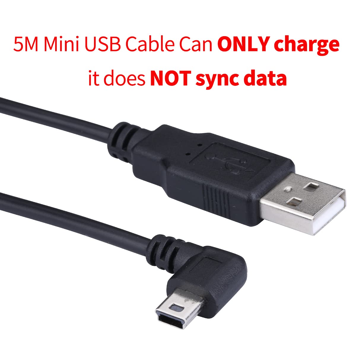 Larrits Extra Long 5M Usb 2.0 To Mini Usb Cable 90 Degree Left Angle Power Supply Charge Cord With 5Pc Wiring Clips For Garmin Nuvi Gps Car Dash Cam Gps Navigator Dvr Camcorder Camera