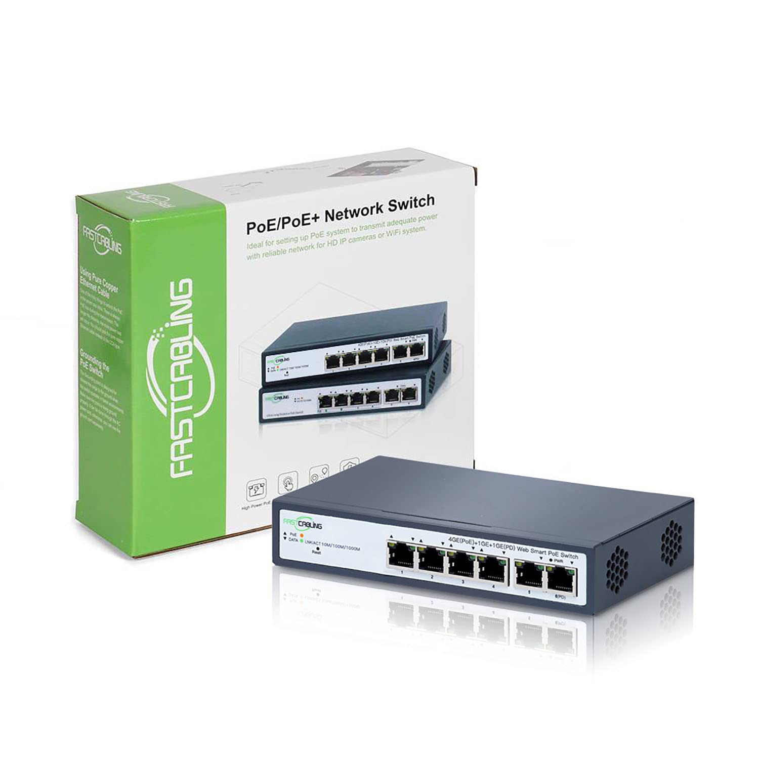 Fastcabling Poe Passthrough Switch 4 Port, Vlan, Qos, Expand Network Port With Existed Cat5E/Cat6 Cable, Managed 60W Poe Powered