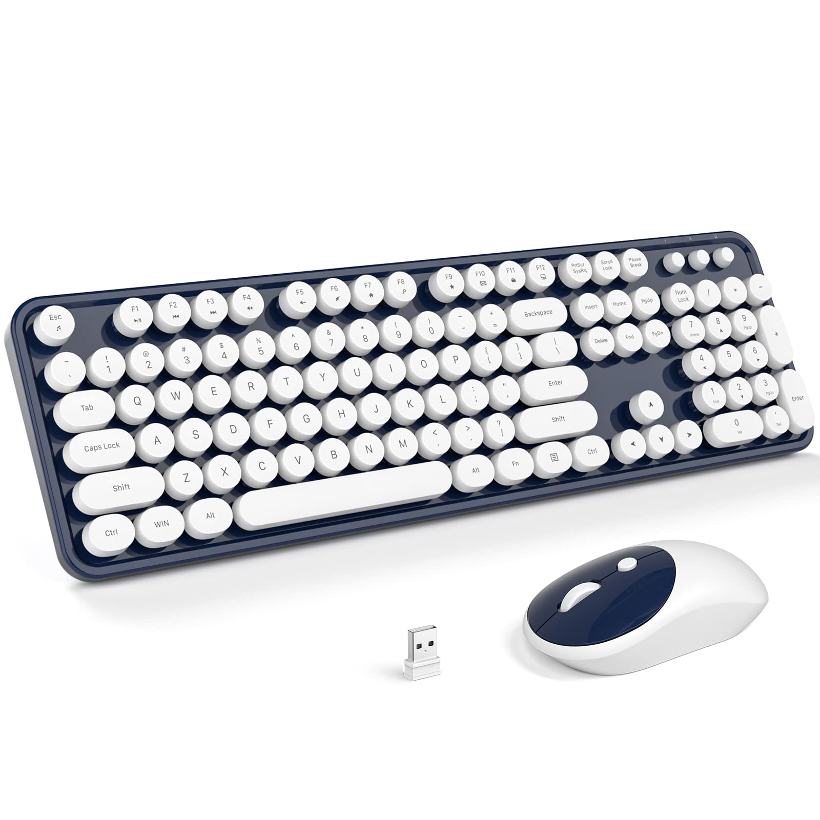 Knowsqt Wireless Keyboard And Mouse Combo   White Darkblue Full Sized 2.4 Ghz 104 Keys Typewriter Keyboard, Flexible Round Keyca