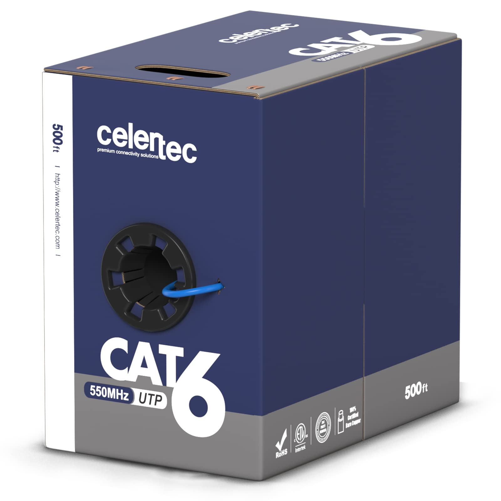 Celertec Cat6 Ethernet Cable, 500Ft, 23Awg Solid Bare Copper, Unshielded Twisted Pairs(Utp), 550Mhz, Etl Listed &Cmr Riser Rated, Indoor, Bulk Ethernet Cable  Blue