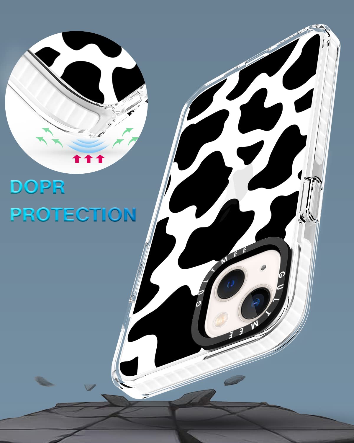 GULTMEE iPhone 13 Case 6.1 inch 3-in-1 Screen & Camera Protector Shockproof Cow Print Black White Slim