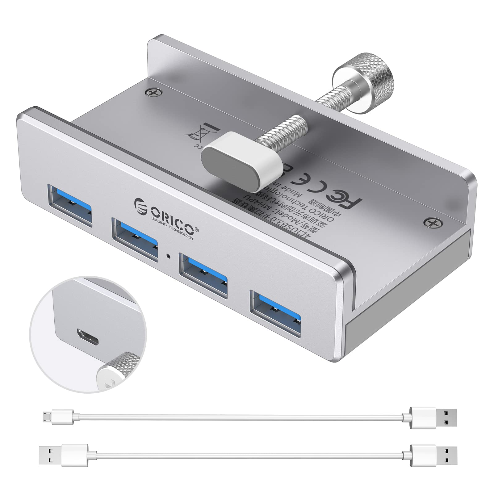 ORICO USB 3.0 Hub, USB Hub Clamp, Aluminum 4 Port USB Splitter with Extra Power Supply Port and 4.92 FT USB A to USB A and USB A to USB C Cable, Desktop Powered USB Hub for Monitors/Desks Silver