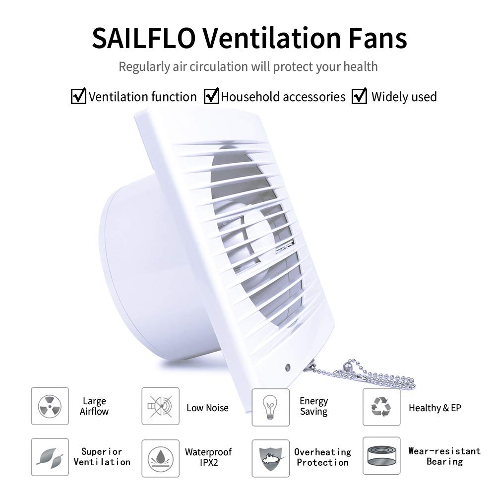 Sailflo 4 Inch Wall Mounted Exhaust Fan, 12W Ventilation Extractor With Anti Backflow Check Valve Chain Switch For Window Duct G