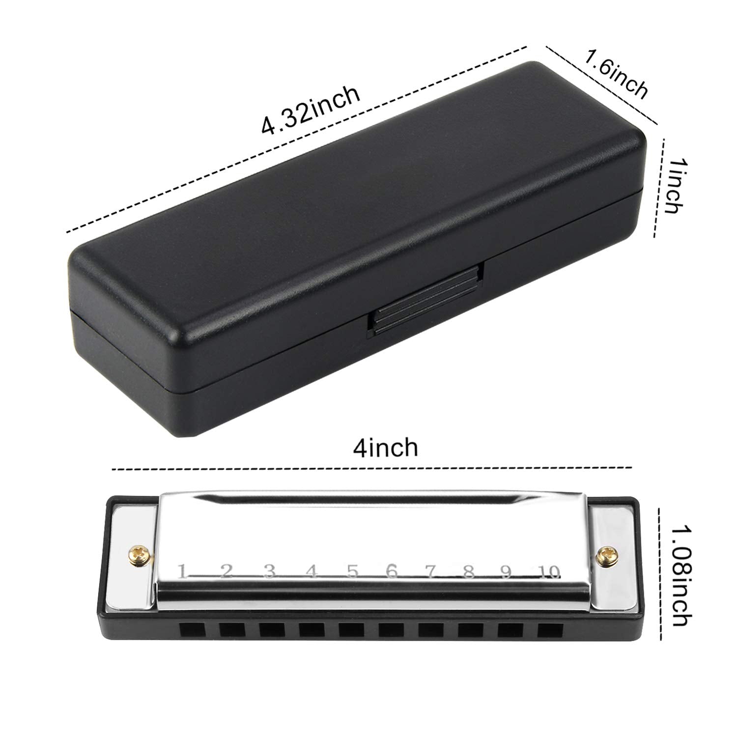 Upins 4Pcs Key Of C 10 Hole 10 Tones Titanium Color Harmonica With Case For Beginner(Gold, Silvery, Black, Red)