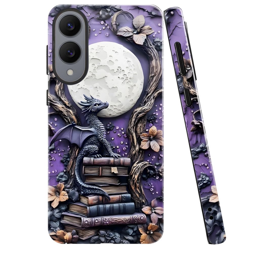 Case for Samsung Galaxy S25 Edge,Purple Dragon Book Moon Flower Phone Case Military-Grade Drop Protection Cover for Women Girl -
