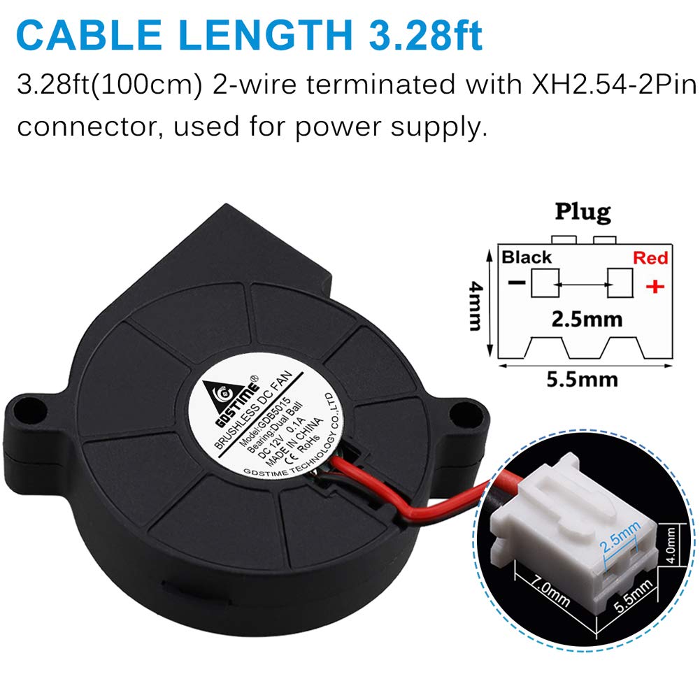 Gdstime 2-Pack 50Mm X 15Mm Blower Fan 12V 5015 Dual Ball Bearing Dc Brushless Cooling Turbo Fan 2 Pin 39 Inch Cable For 3D Print