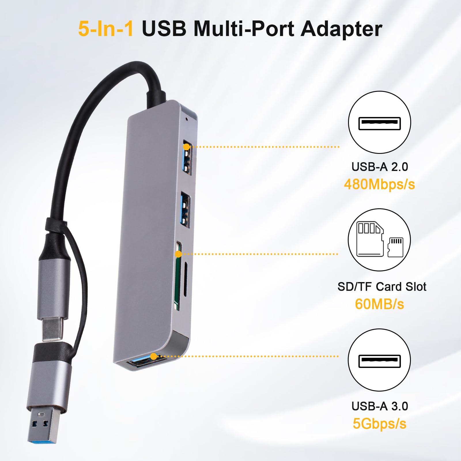 Xuangui Ultra Slim Usb/Usb C Hub, 5 In 1 Usb C To Usb Adapter With 3 Usb A Ports Splitter And Sd/Tf Card Reader, Usb Extender Fo