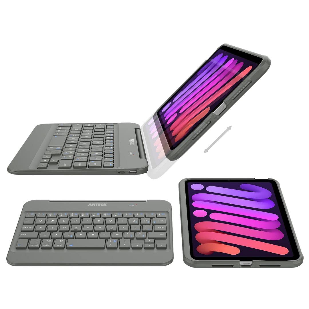 Arteck Bluetooth Keyboard Case For Ipad Mini 6, 8.3 Inch, With 130 Degree Swivel Rotating Stand, Shockproof Protection, Auto Sle