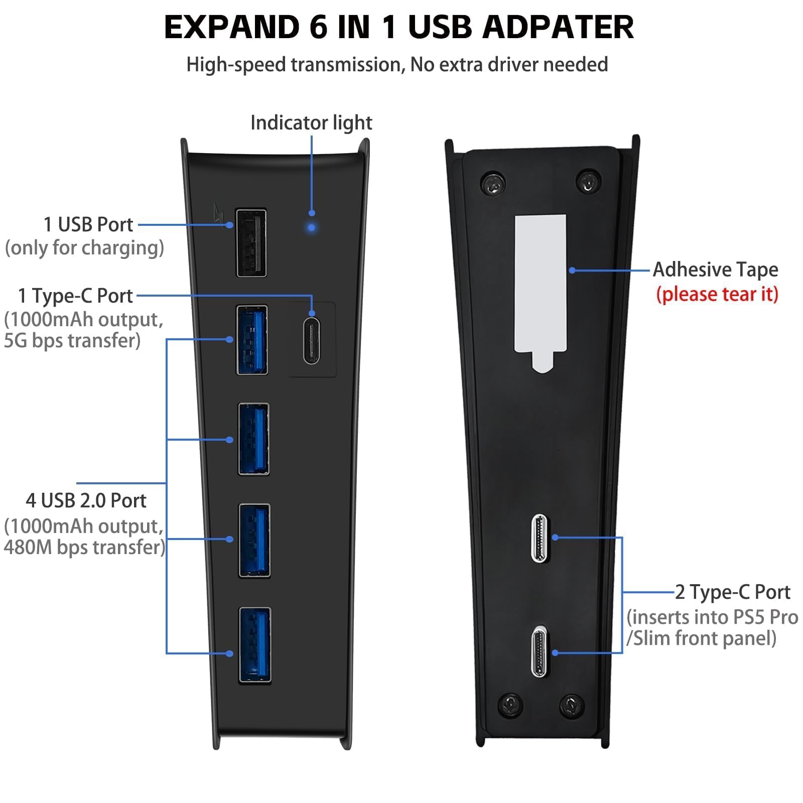 6 Ports Usb Hub For Ps5 Pro/Slim Console, High Speed Expander Hub Charger Port With 4 Usb A 2.0 + 1 Usb Charging Port + 1 Type C