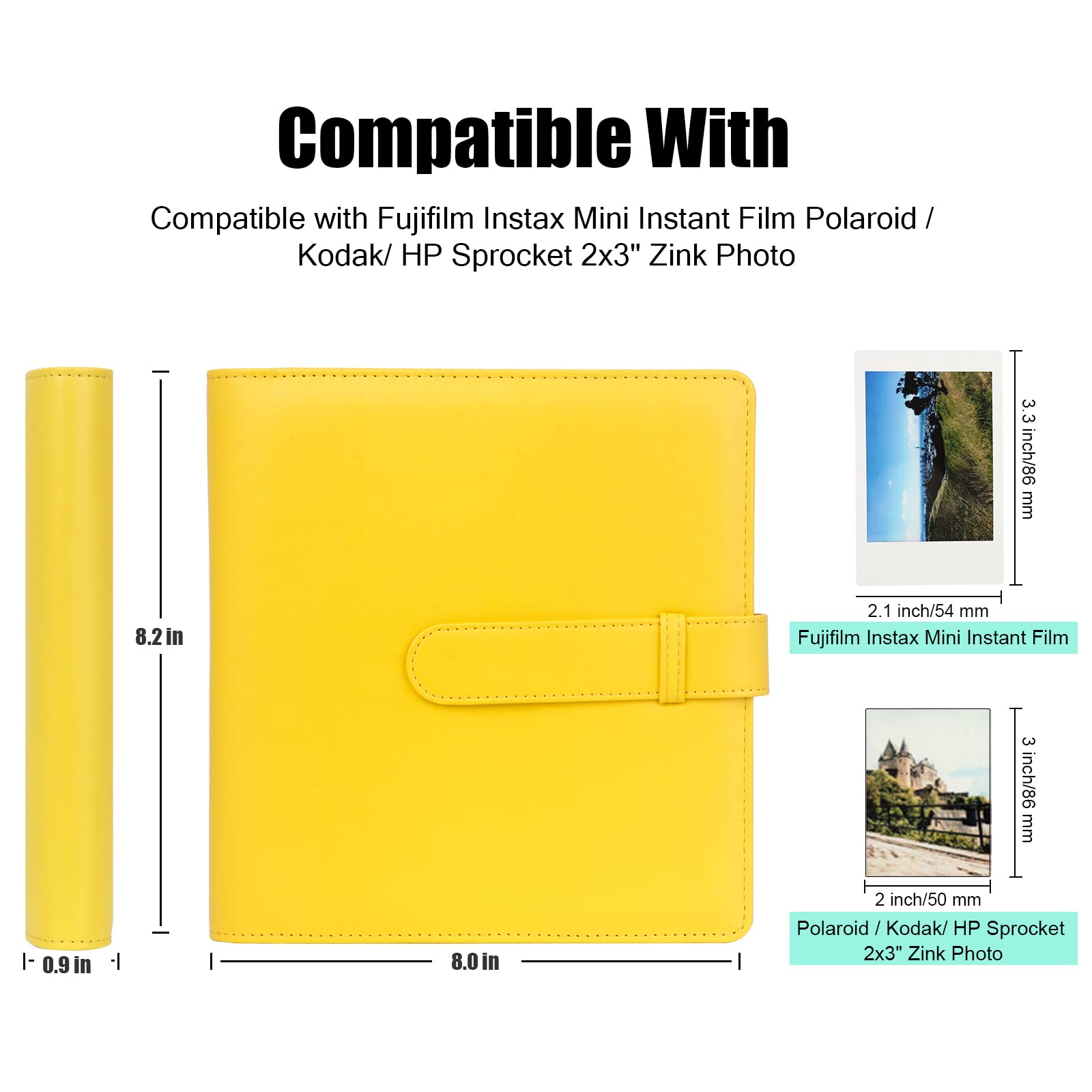 256 Pockets Photo Album For Fujifilm Instax Mini Camera, Photo Album For Polaroid, Leather Cover, Photo Album For Instax Mini 12 11 9 40 90 8 7 Evo Liplay Instant Camera, 2X3 Photo Album (Yellow)