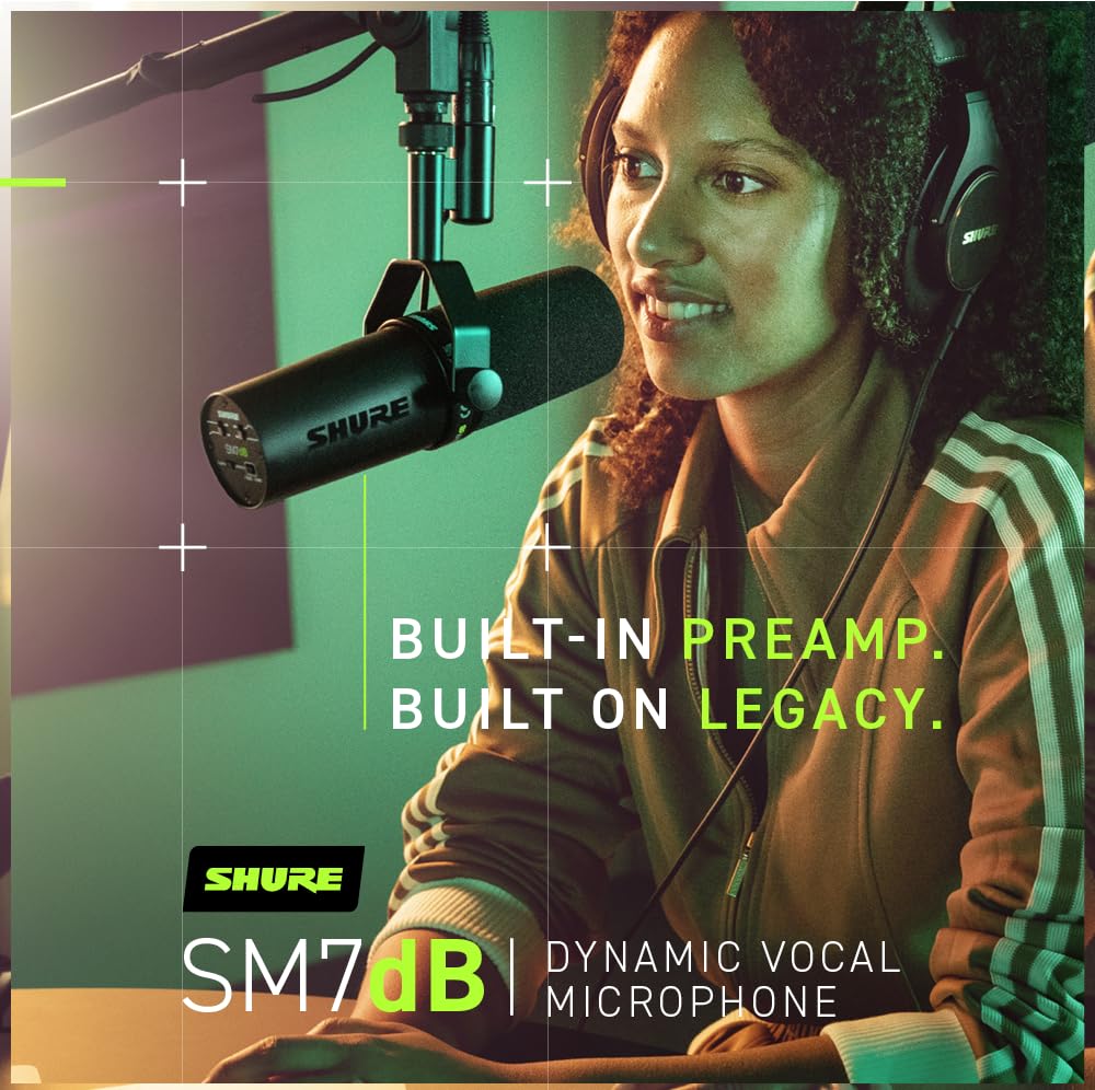Shure Sm7Db Dynamic Vocal Microphone W/Built In Preamp For Streaming, Podcast, & Recording, Wide Range Frequency, Warm & Smooth