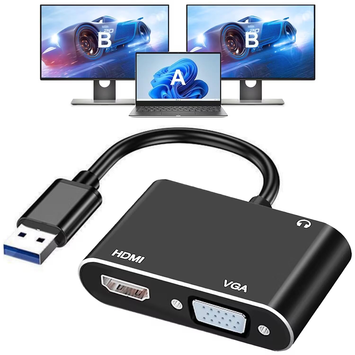 AKWOR USB 3.0 to HDMI VGA Adapter, USB to VGA HDMI Adapter for 2 Monitors, 1920 * 1080P@60HZ Full HD Display Video Converter Com