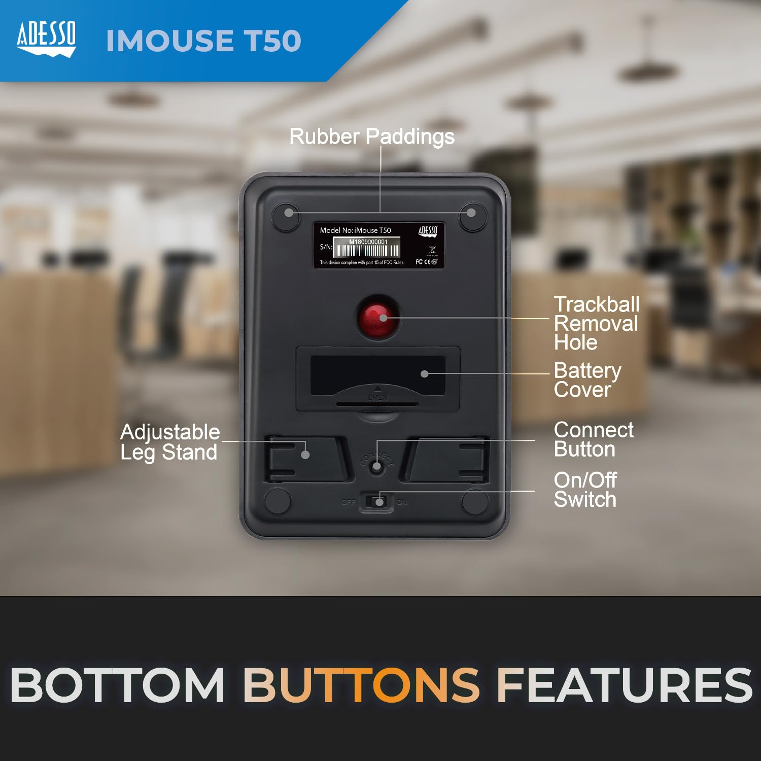 Adesso Imouse T50 Wireless Ergonomic Finger Trackball Mouse With Nano Usb Receiver, Programmable 7 Button Design, And 5 Level Dp