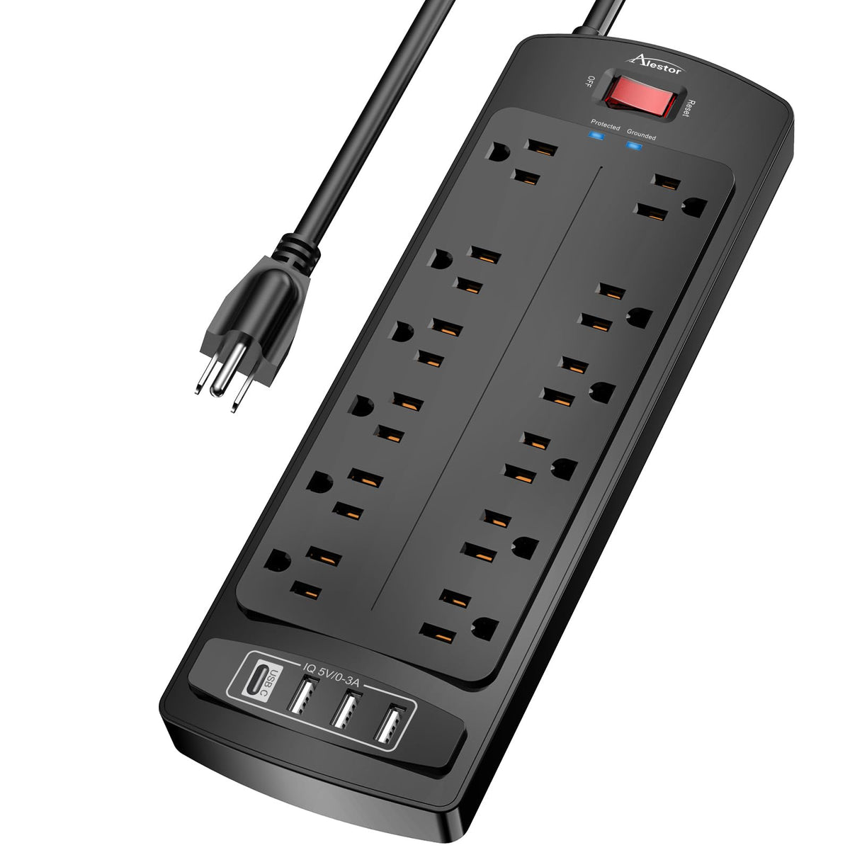 Power Strip Surge Protector   Alestor 10 Feet Extension Cord (1875W/15A) With 12 Outlets And 4 Usb Ports, 2700 Joules, For Home,