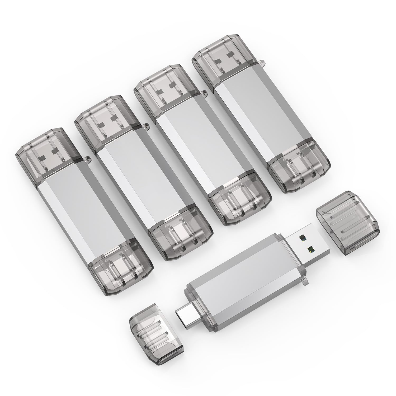 Raoyi 5 Pack 64Gb Usb C Flash Drive, 2 In 1 Usb 3.0 Type C Dual Otg Metal Thumb Drive Jump Drive Memory Stick With Keychain Suitable For Usb C Smartphones, Macbook, Computers And Tablets (Silver)