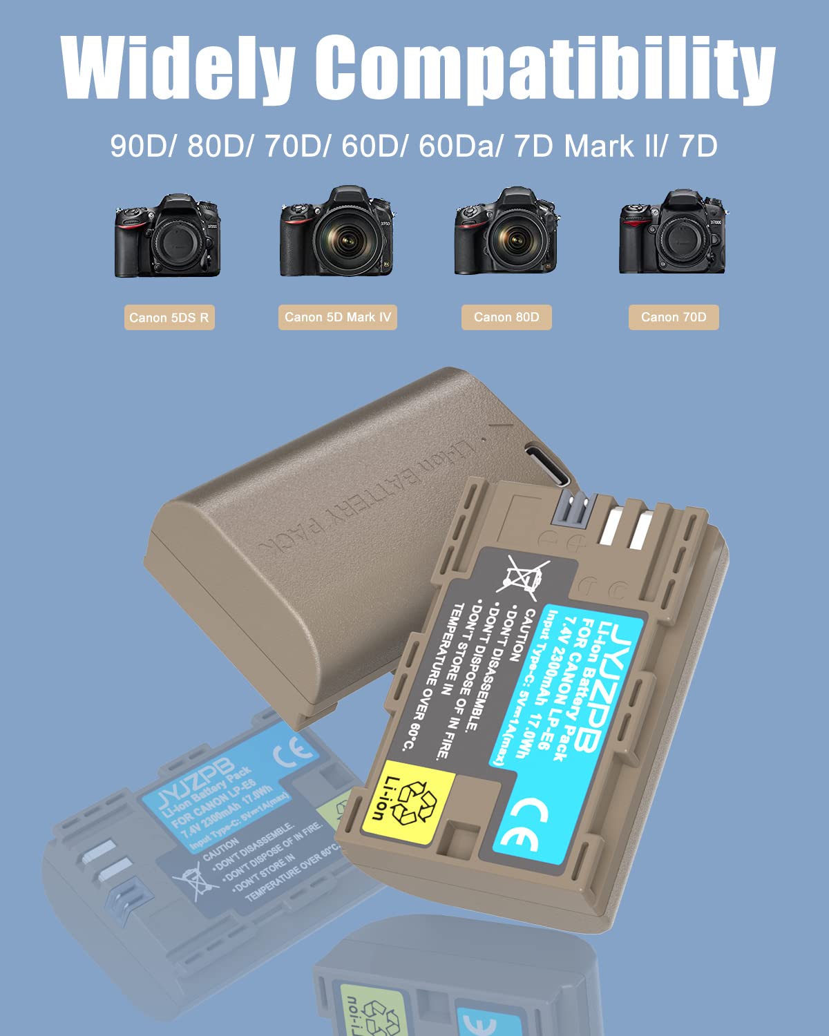 Jyjzpb Lp E6N Lp E6 Replacement Battery With Type C Port Compatible For Canon 60D, 70D, 80D, 90D, Eos 5D Mark Ii/Iii/Iv, Eos 5Ds
