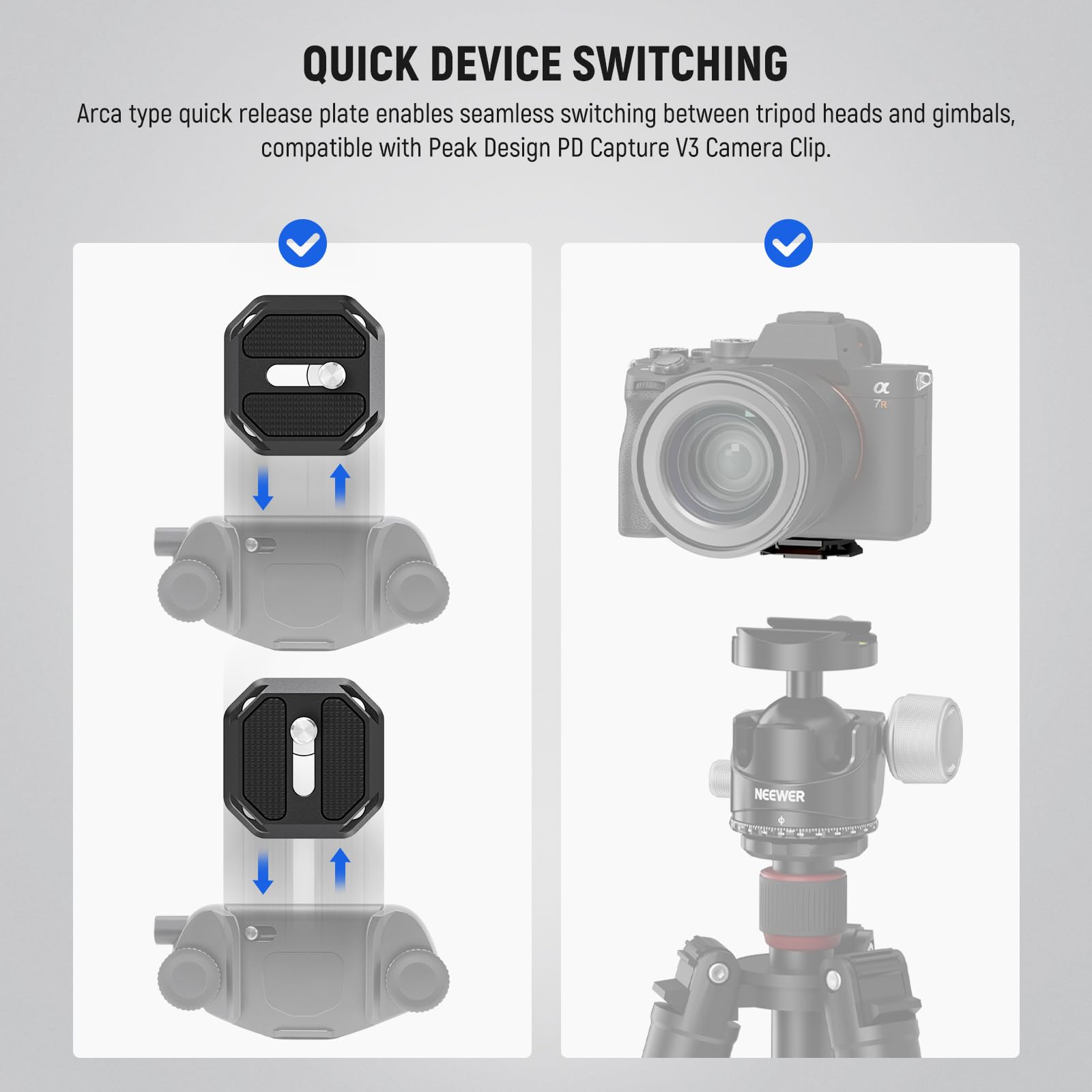 Neewer Gm34 Camera Quick Release Plate Kit, Quick Switch Auto Lock Square Qr Mount Plate With Arca Type Clamp Base, Compatible W
