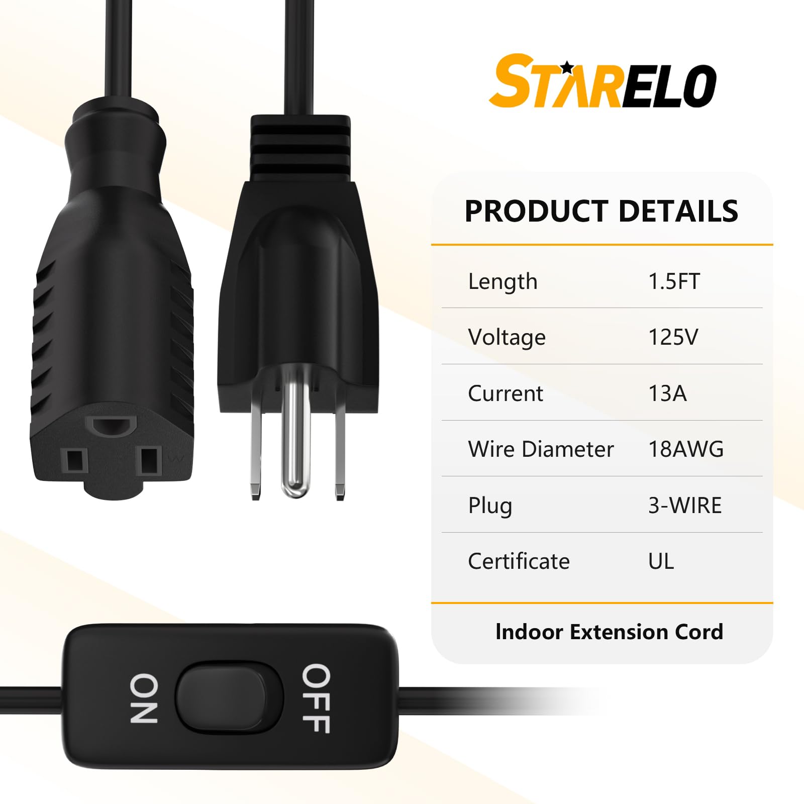 Starelo Extension Cord With Switch 3 Prong Indoor Black Extension Cord,1625W 18Awg Extension Cord,Control Switch On/Off 13A 125V