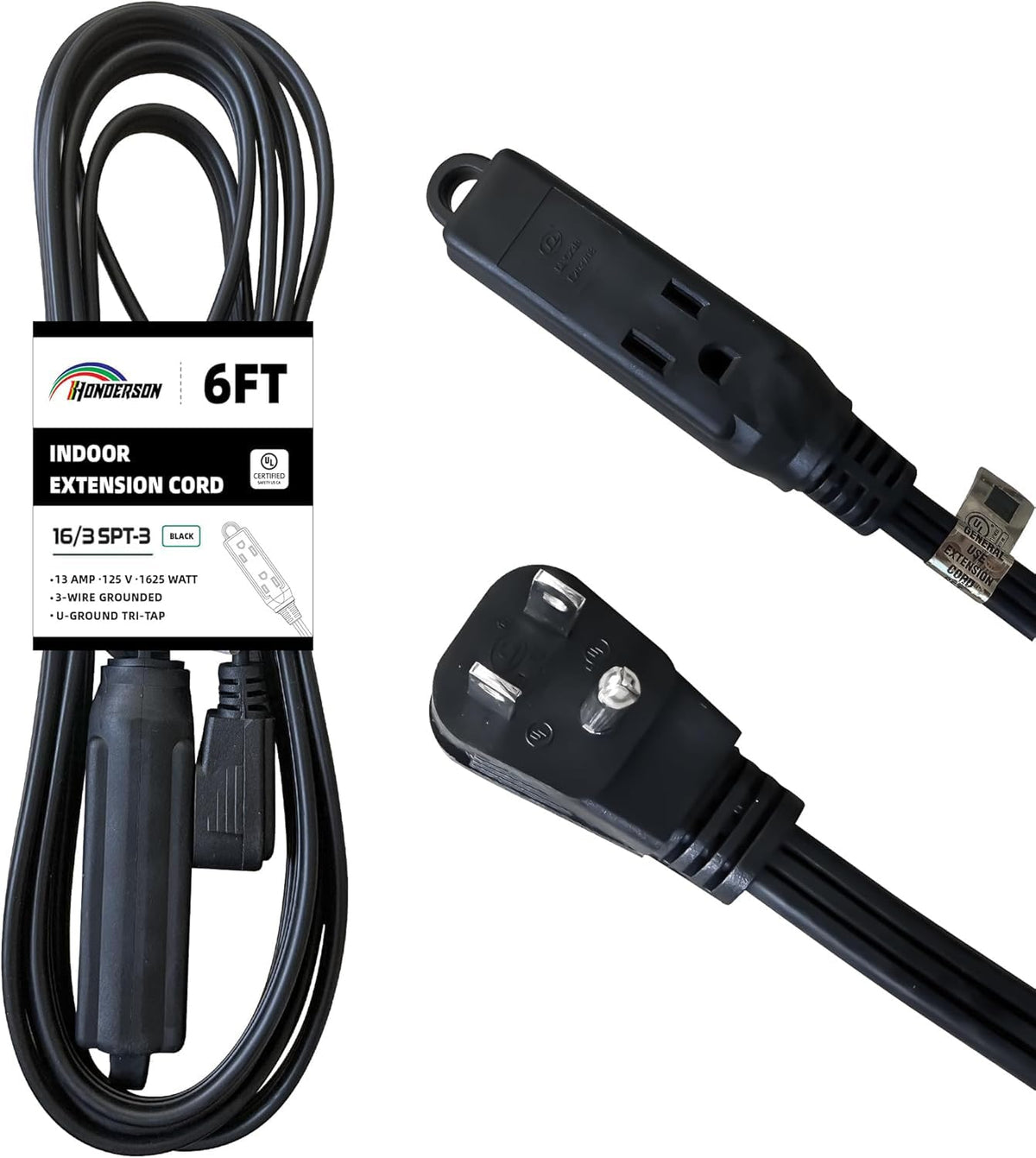 Honderson 3 Outlets Flat Plug Extension Cord Outlet Extender, Ul Listed, Indoor Extension Cord 16 Gauge 6Ft Black 3 Prong, 16/3