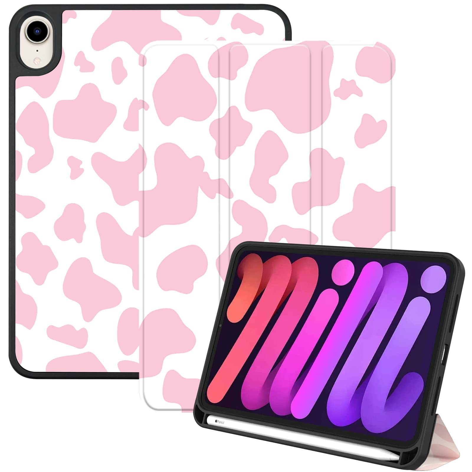 Deokke Ipad Mini 7/6 Case   8.3 Inch, Auto Sleep/Wake, Pencil Holder, Soft Back, Cute Pink Cow