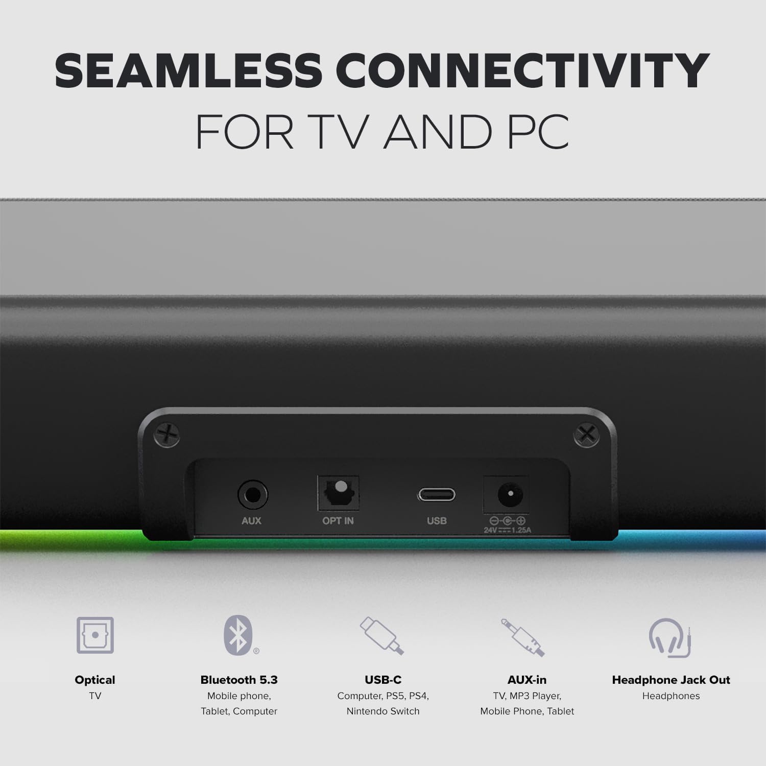 Sound Blaster Gs5 Rgb Gaming Soundbar With Superwide Technology, Powered Via Adapter, Up To 60W Peak Power, Bluetooth 5.4, Optic