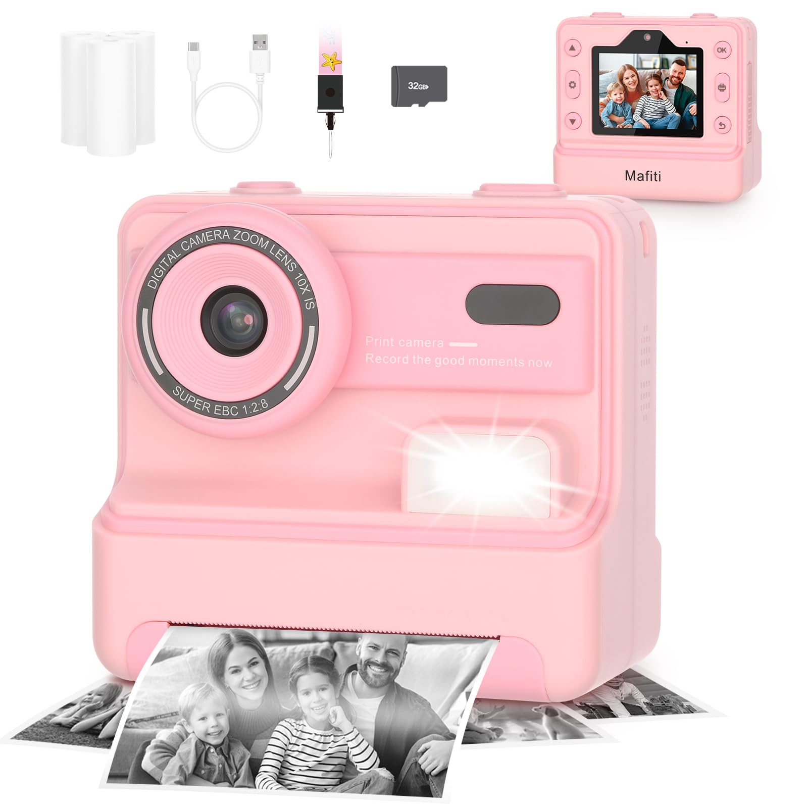 Mafiti Kids Camera Instant Print,1080P Selfie Digital Camera with 2.4 Inch Display 1200 mAh Battery,3-12 yrs Girls Boys Toys Gif