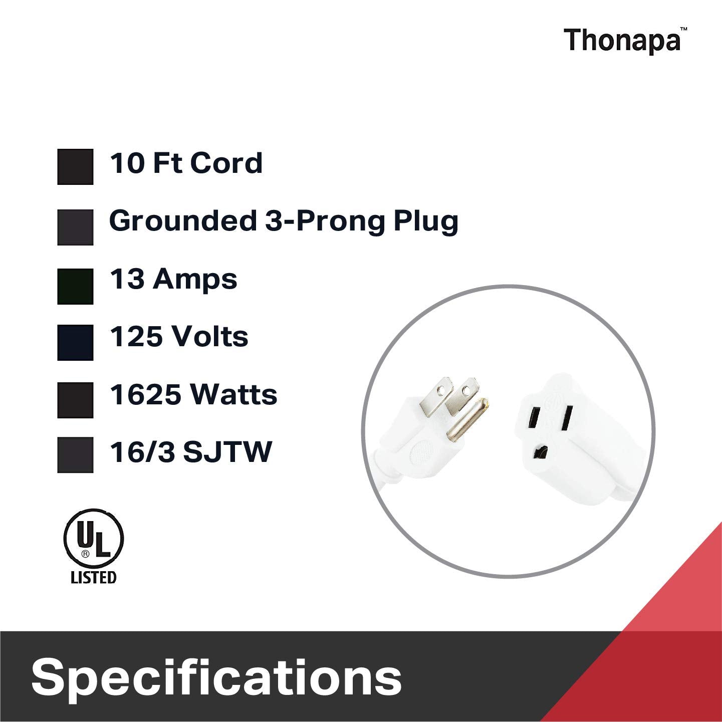Thonapa 2 Pack White Extension Cord 10 Ft, 16/3 Sjtw Weatherproof Indoor & Outdoor Extension Cord 3 Prong Grounded Plug, Heavy D