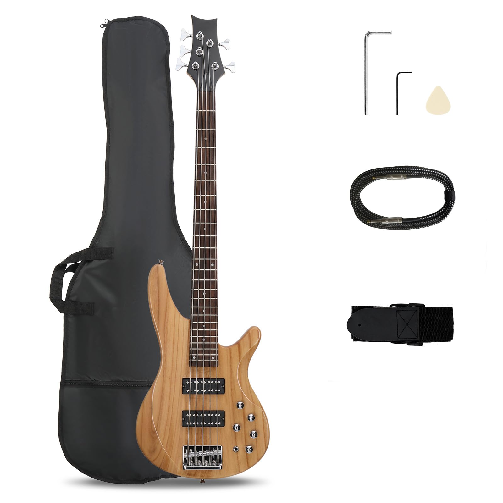Ktaxon 5 String Electric Bass Guitar  Full Size Standard Right Handed Rosewood Fretboard Bass Kit With Gig Bag Strap Cable Wrench Tool (Upgraded Natural) -Like New