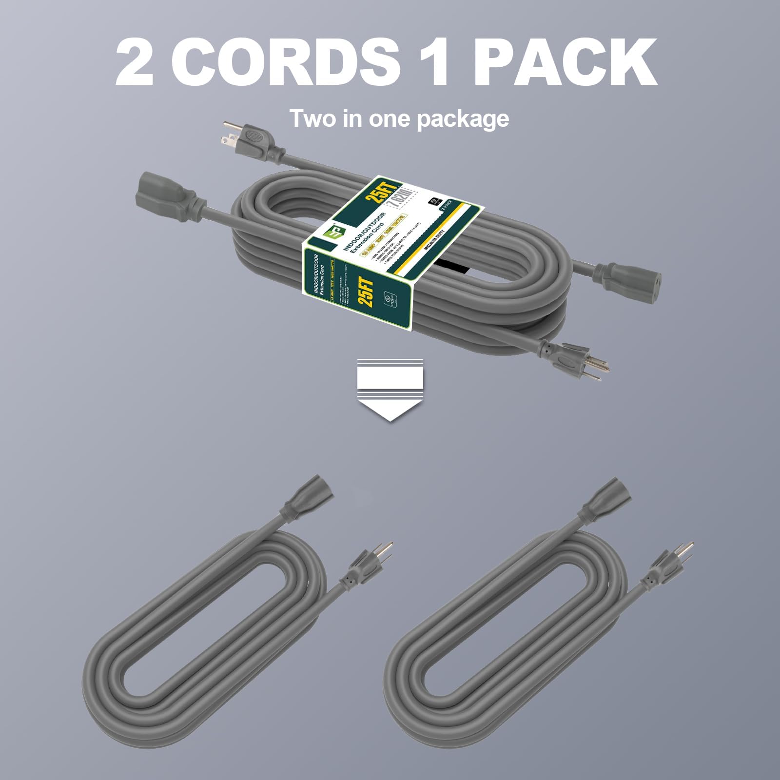 Ep 2 Pack 25 Ft Outdoor Extension Cord, 16/3 Sjtw Heavy Duty Power Cord, 3 Prong Grounded Plug, Waterproof, Cold Resistant, 13A