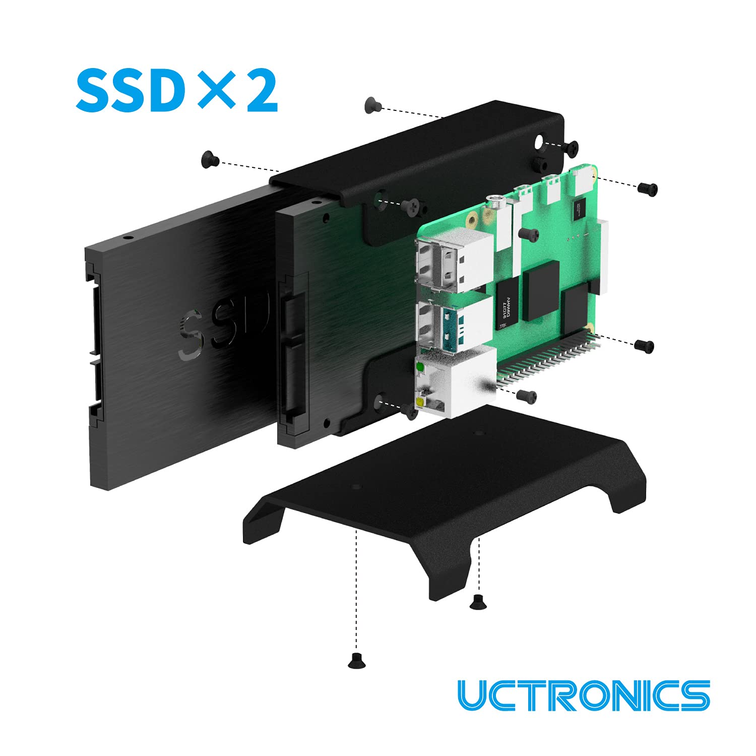 Uctronics For Raspberry Pi Ssd Case, Pi Nas Metal Vertical Stand For Dual 2.5    Ssds And Pi 5, 4, 3B/3B+ And Other B Models