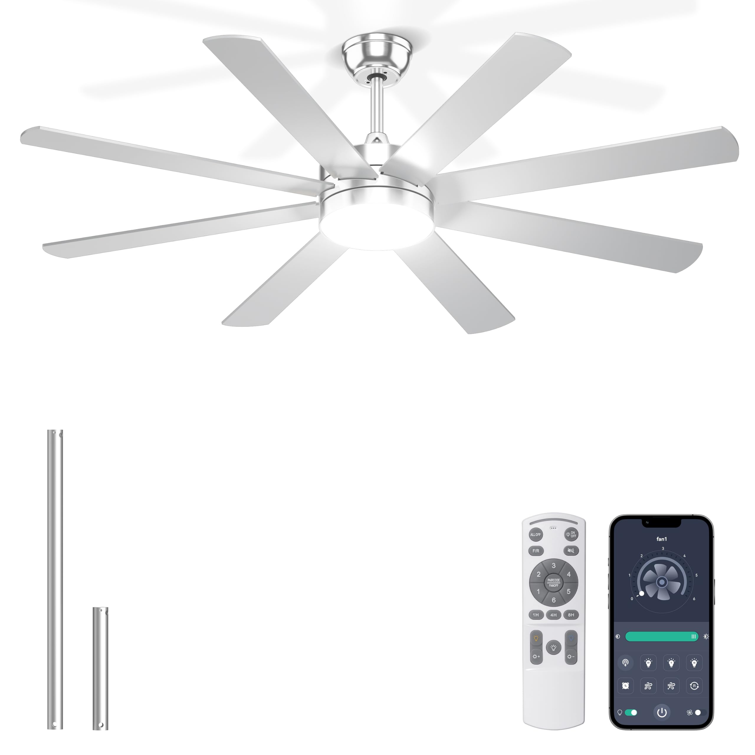 Phylluz 60 Silver Ceiling Fans with Lights - 8 Blades Ceiling Fan Remote/APP Control, Dimmable, Silent DC Motor Ceiling Fan fo