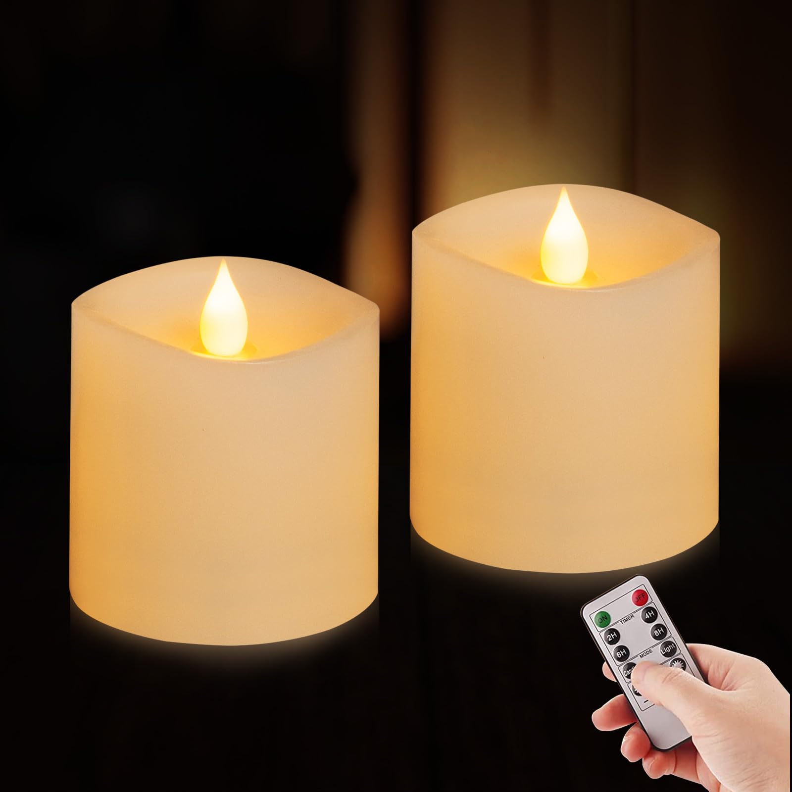 Genwelled Life Plus 3X3 Flameless Candles With Remote Set Of 2, 3 Inch Battery Candles Flickering With Timer, Led Pillar Candle