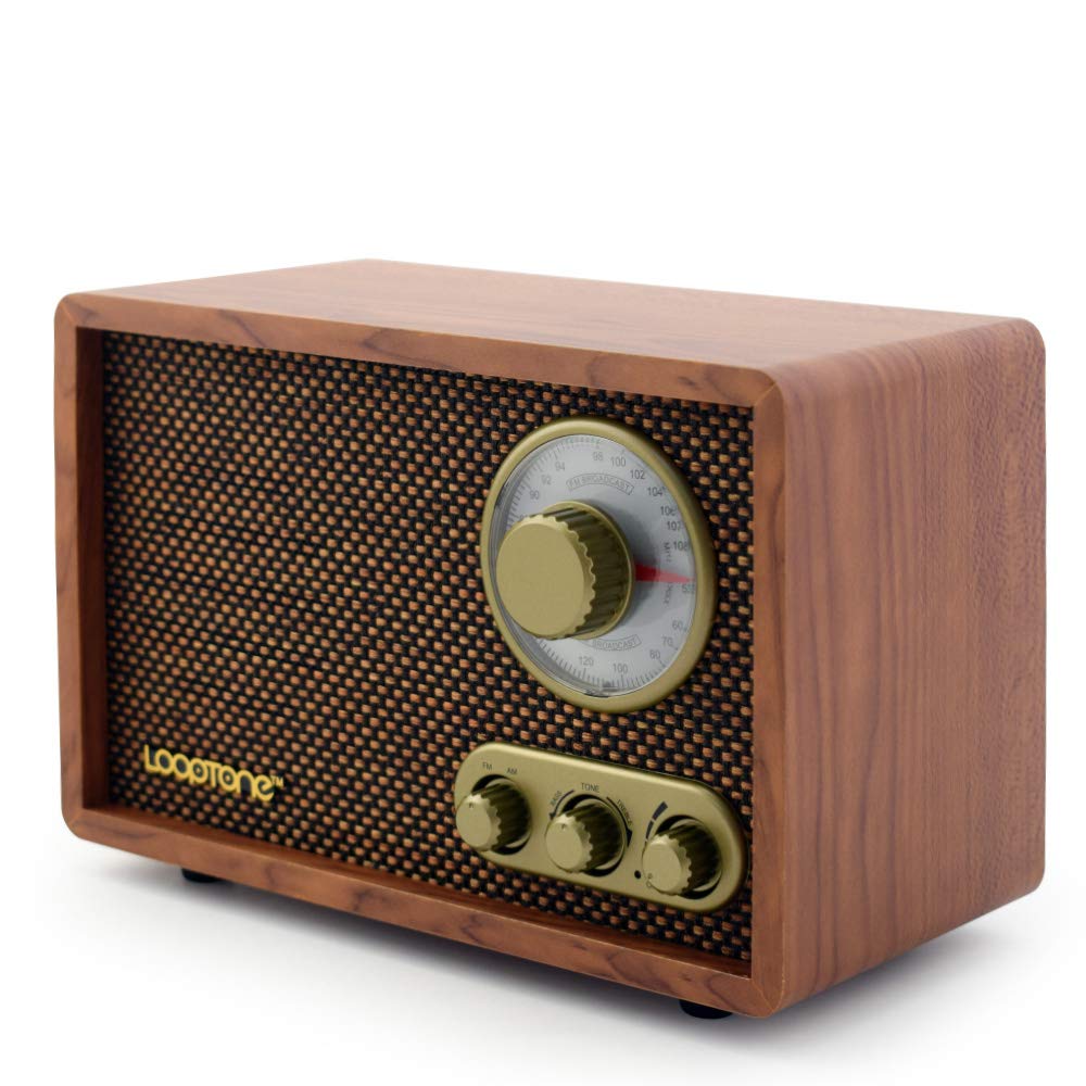 LoopTone Retro AM FM Radio with Bluetooth Speaker, Wooden Design, Treble Bass Control, Model DS-R08-W, Brown