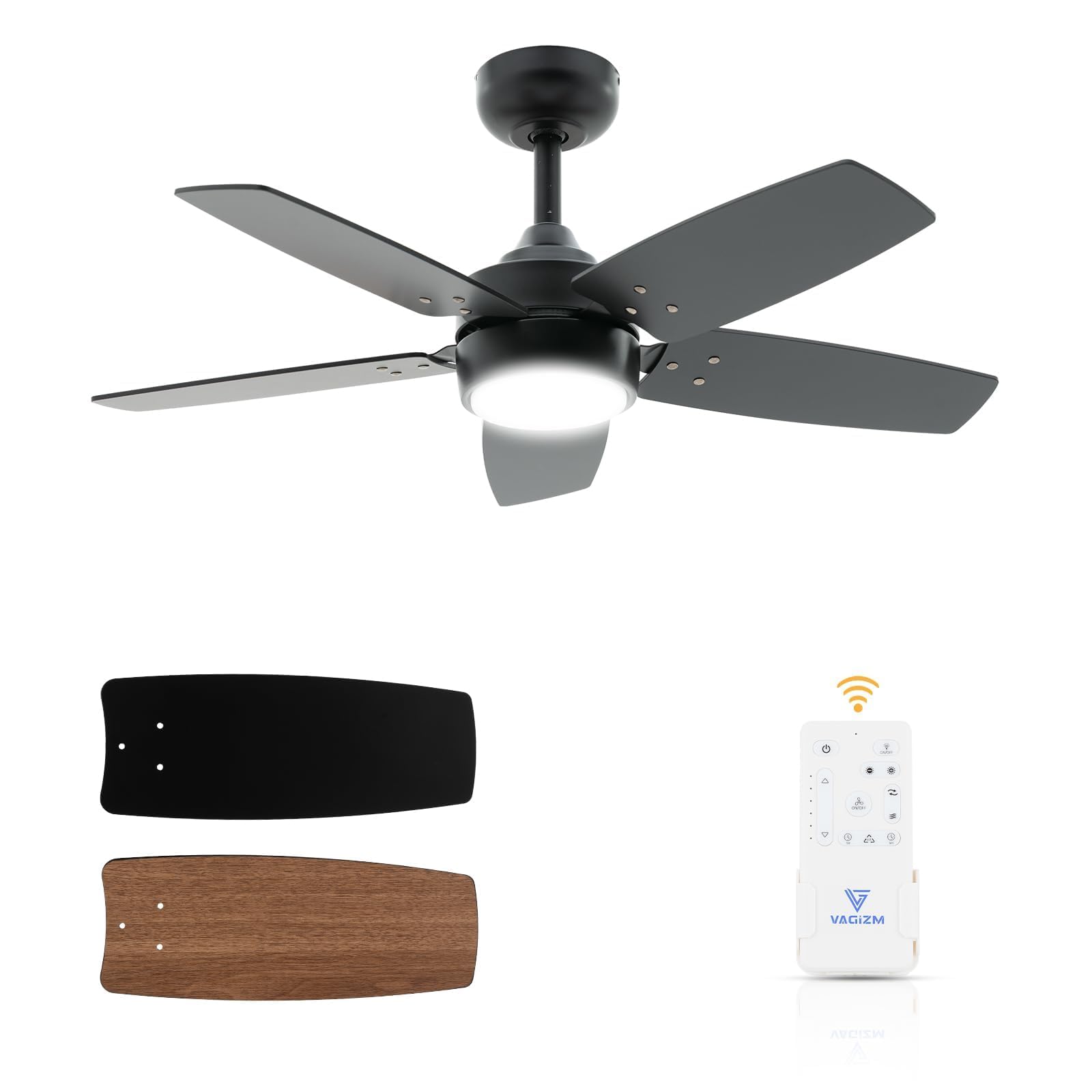 Vagizm Ceiling Fan 36 for Small Room: Matte Black Modern Fans with Light Remote Control - Reversible Quiet DC Motor Dimmable w