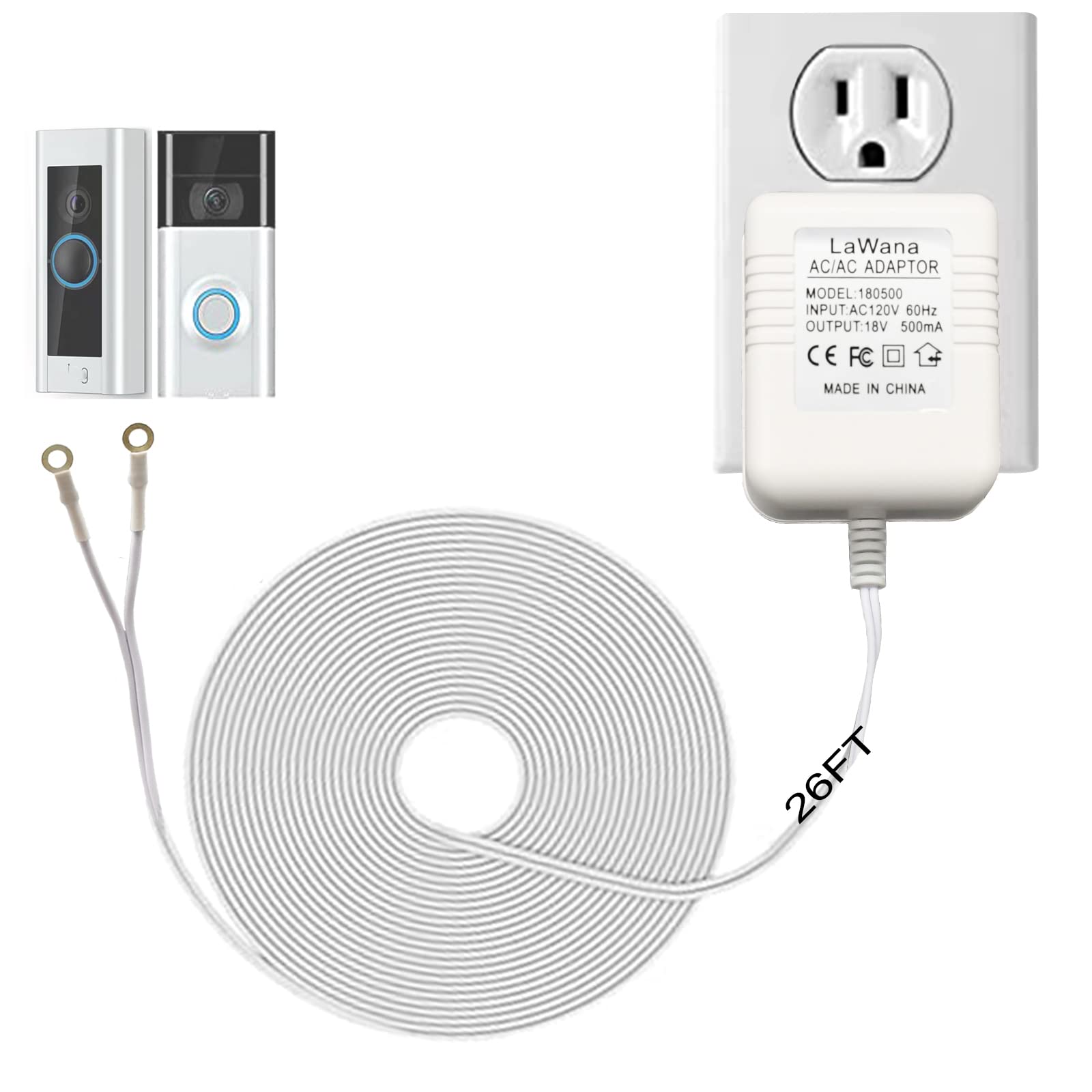 26Ft Charging Cable & 18V 500Ma Doorbell Power For Video Doorbells   Compatible With Ring Video Doorbell Pro, Ring Video Doorbel