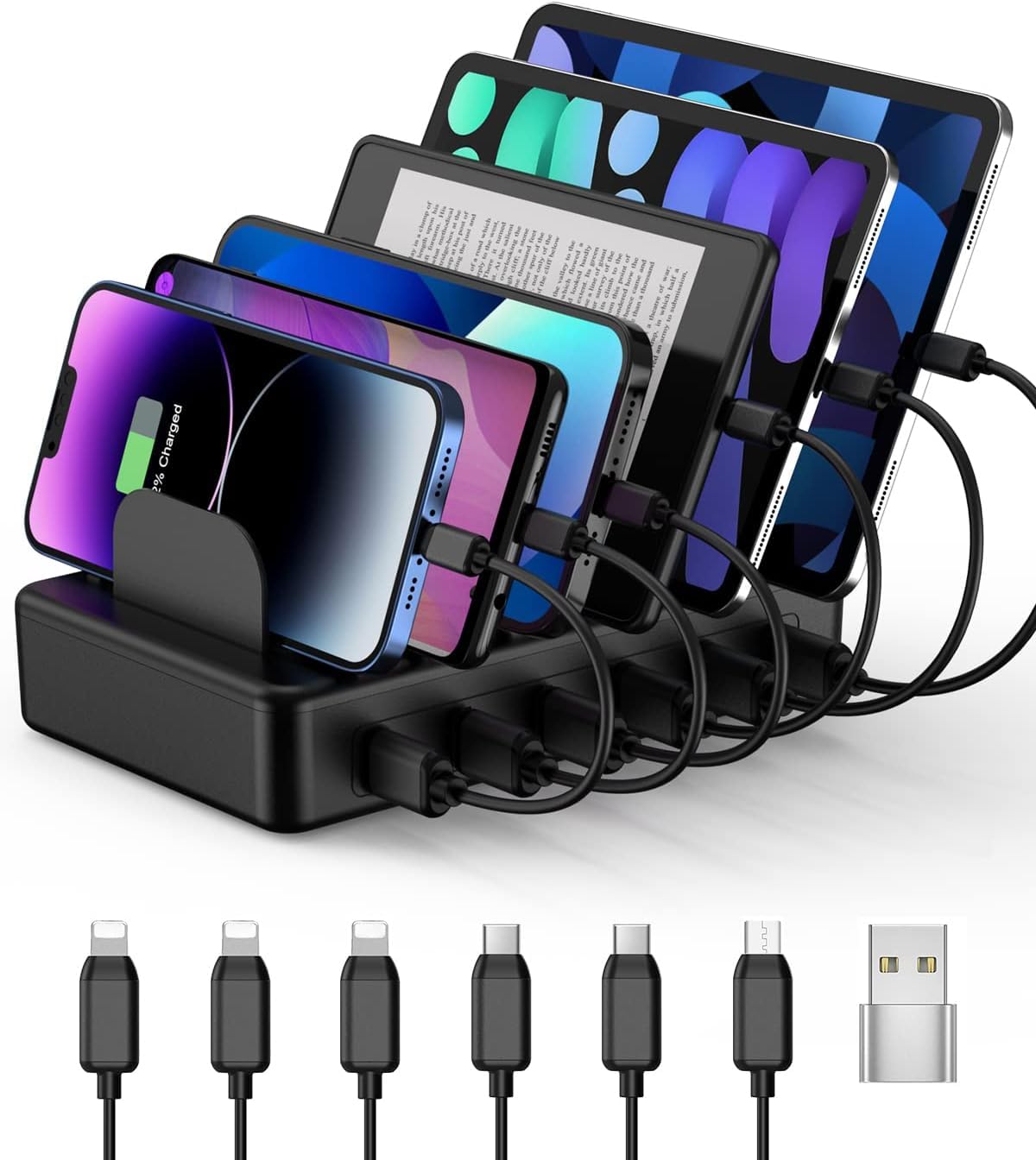 Creative Design Charging Station, 50W 6 Ports Multi Charger Station With 6 Charging Cables, Charging Dock For Multiple Devices,
