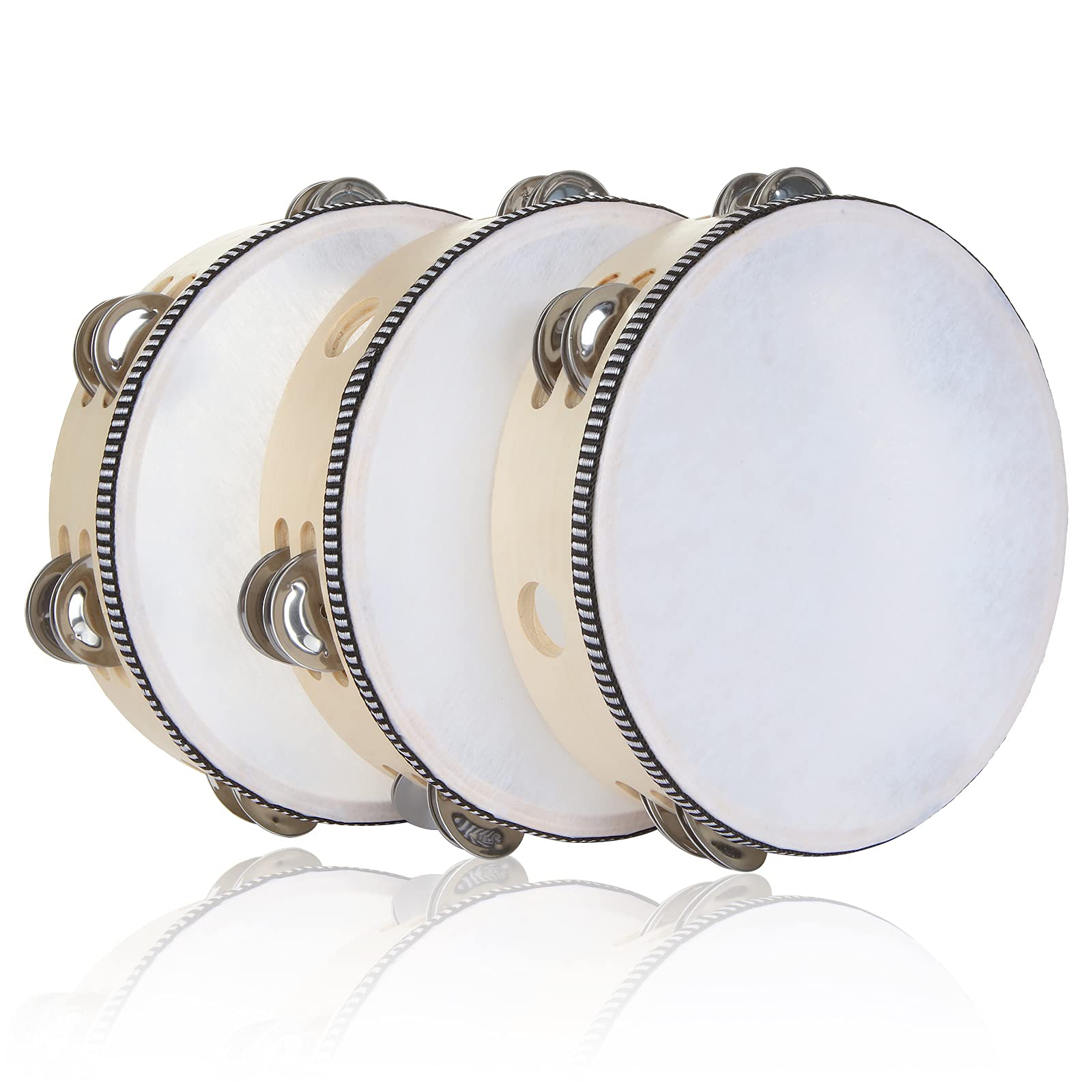 EOEXN 3 Pack 8 inch Tambourine for Adults, Wood Tambourine with Metal Jingles, Educational Instrument for KTV, Party, Church