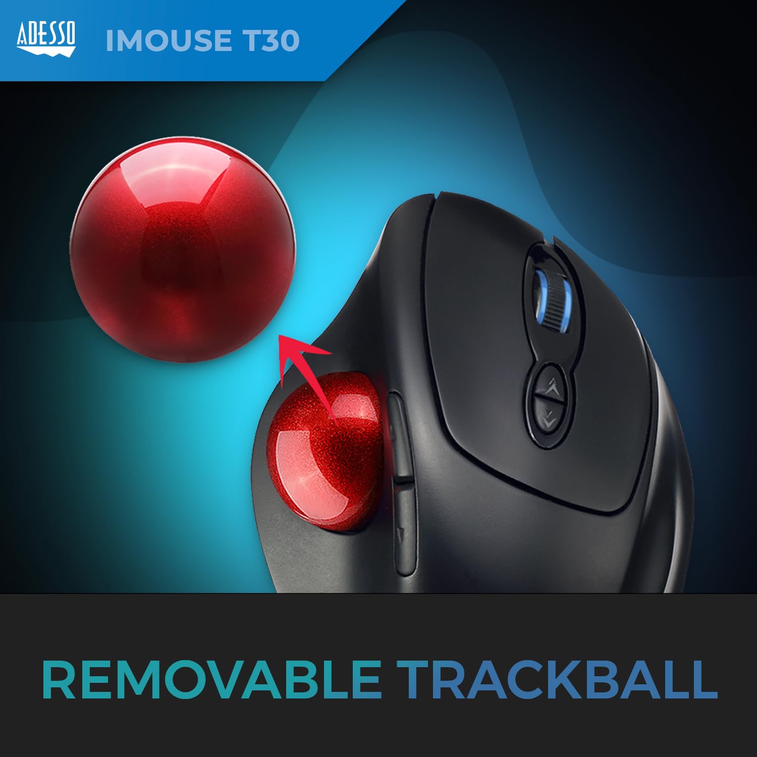 Adesso Imouse T30 Wireless Ergonomic Thumb Trackball Mouse With Nano Usb Receiver, Programmable 7 Button Design, And 5 Level Dpi