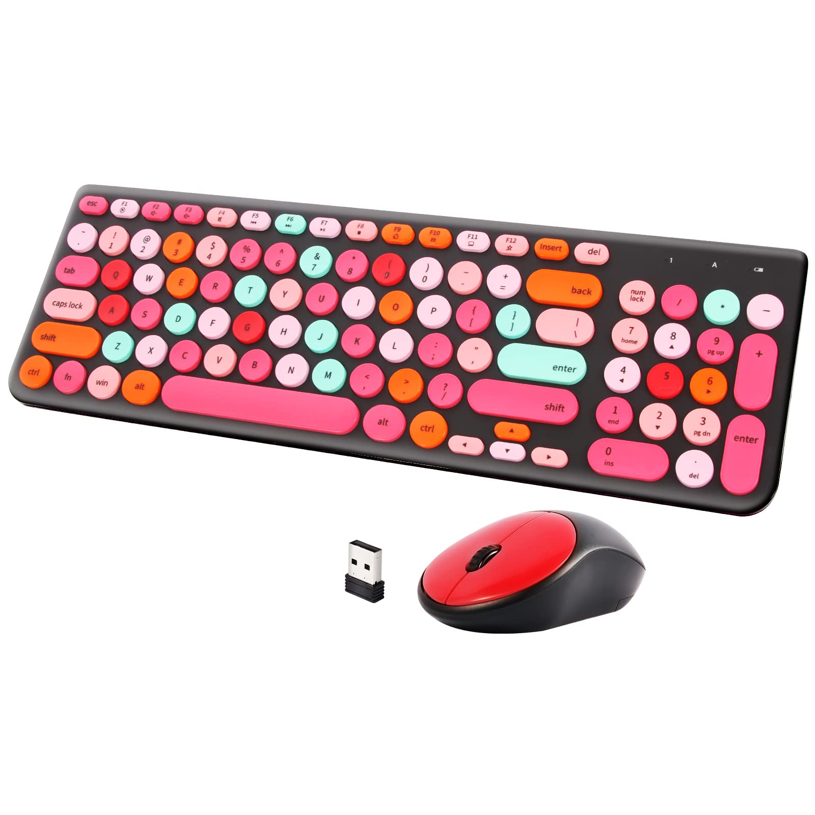 Wireless Keyboard And Mouse Combo, Retro Typewriter Wireless Keyboard With Round Keycaps, 2.4Ghz Full Size Usb Cute Mouse For De