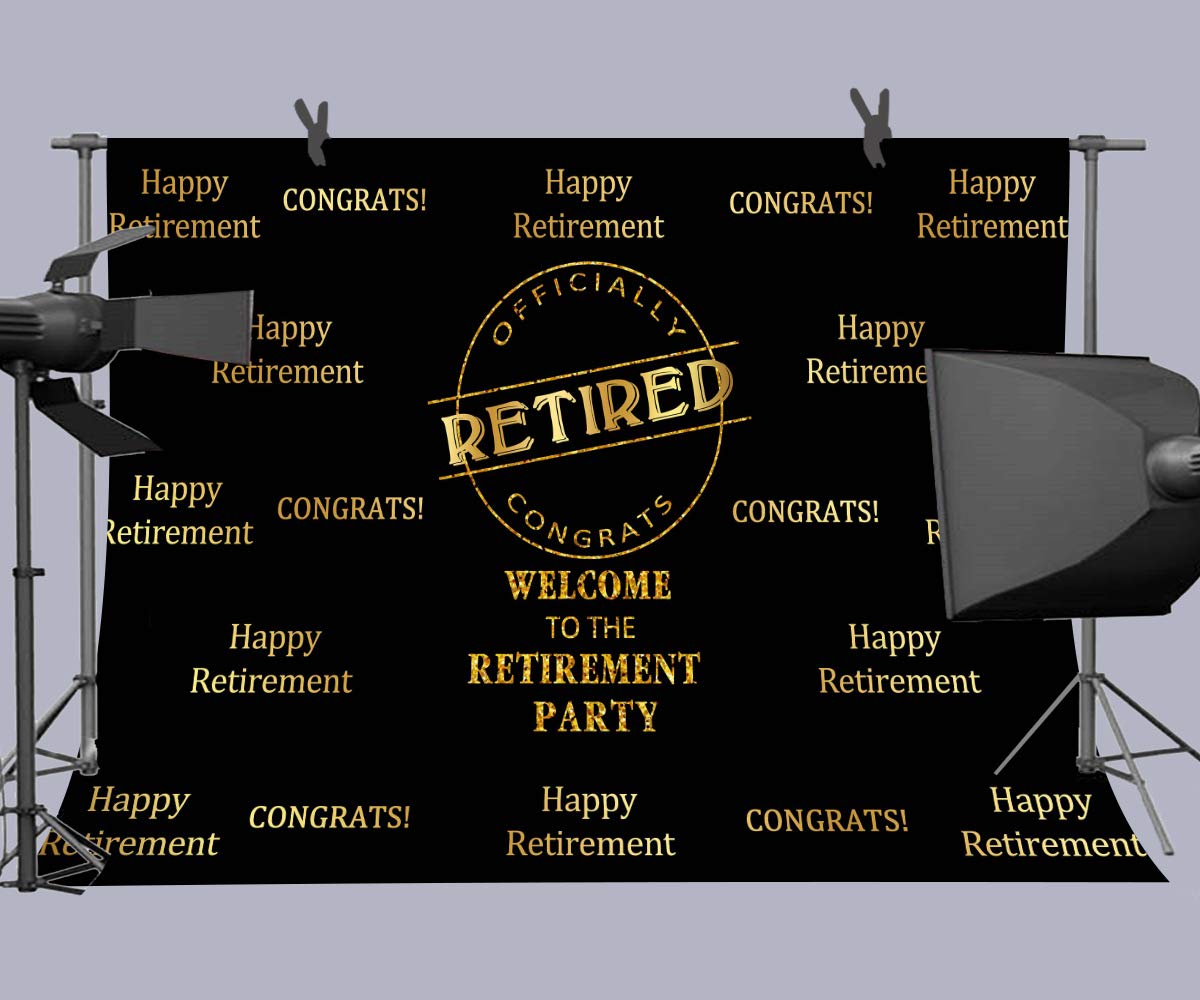 Officially Retired Black Golden Banner Backdrop For Photography, 9X6Ft, Happy Retirement Party Background, Photo Booth Studio Pr