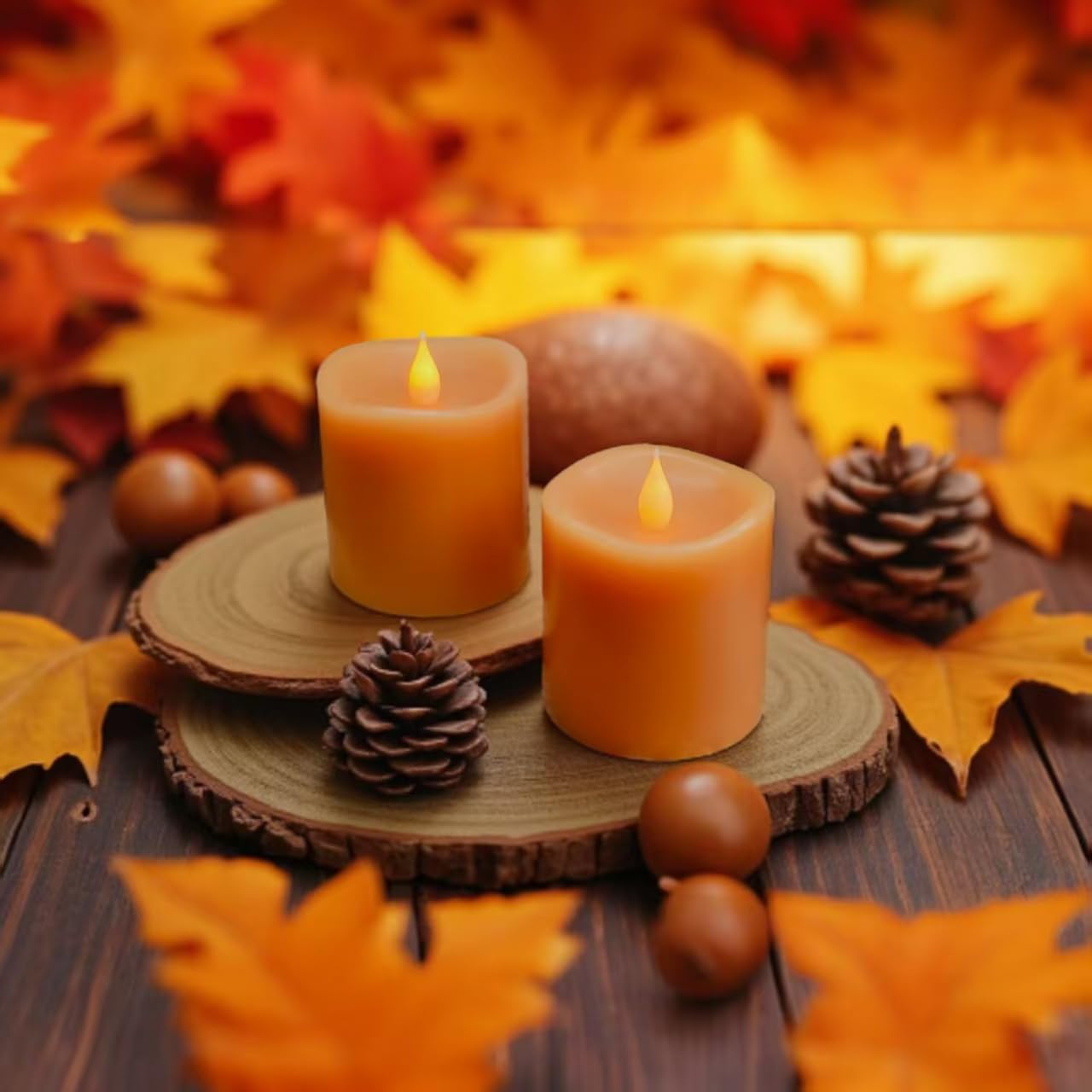 Fall Flameless Led Candles 3 Inch Diameter Real Wax 2Aa Battery Operated 600Hr+ Flickering Candles With Timer Remote Control For