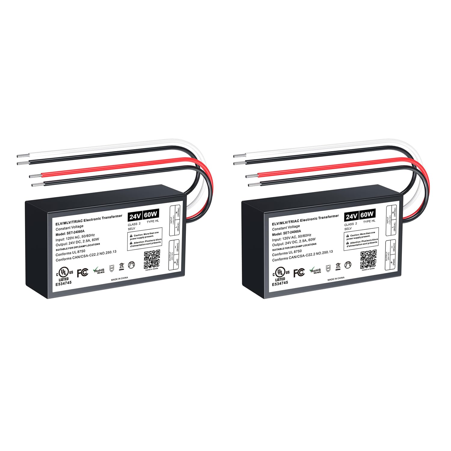 2 Pcs 60W Dimmable Led Driver, 24V Triac/Elv/Mlv Ac To Dc Power Supply For Led Light, Halogen Bulb, Led Transformer Compatible W